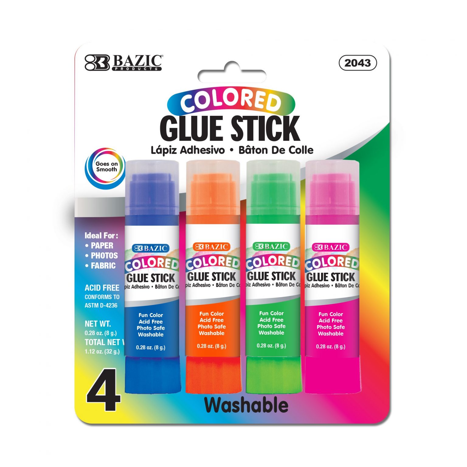 8g / 0.28 Oz Washable Colored Glue Stick (4/Pack) Crown Office Supplies