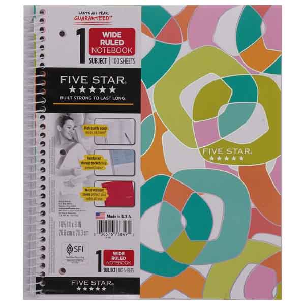 Five Star 1 Subject Wide Ruled Spiral Notebook - Crown Office Supplies