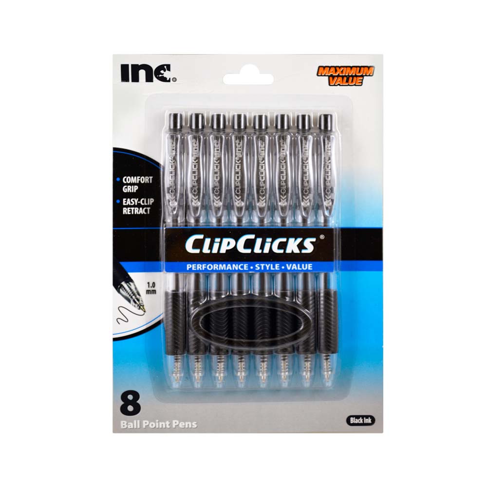 Clip Click Retractable Ball Point Pens, 1.0 mm Black Ink, Set of 8