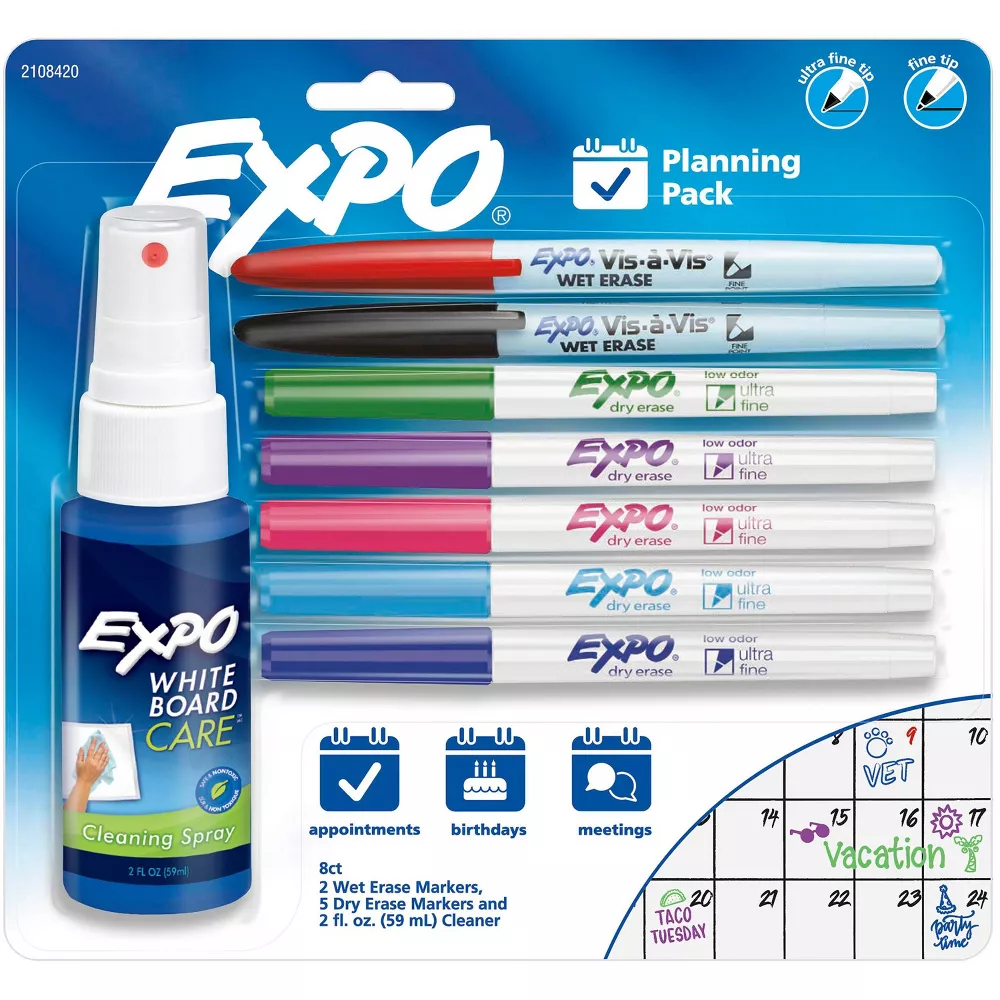 Expo 8pk Wet & Dry Erase Marker Starter Set with Cleaner & Fine/Ultra Fine Tip Multicolored