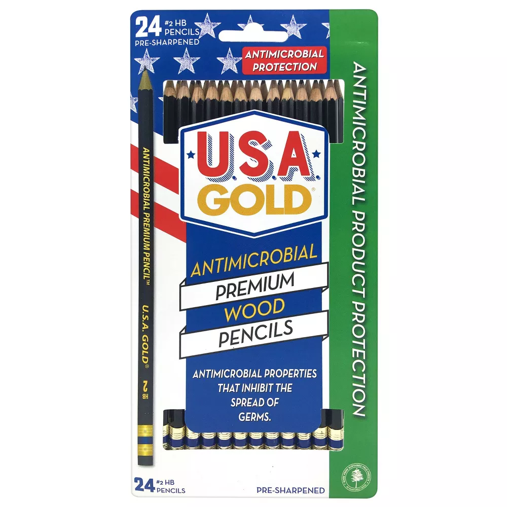 24ct #2 HB Antimicrobial Black Pencils 2mm Pre-sharpened Premium American  Wood - U.S.A. Gold - Crown Office Supplies
