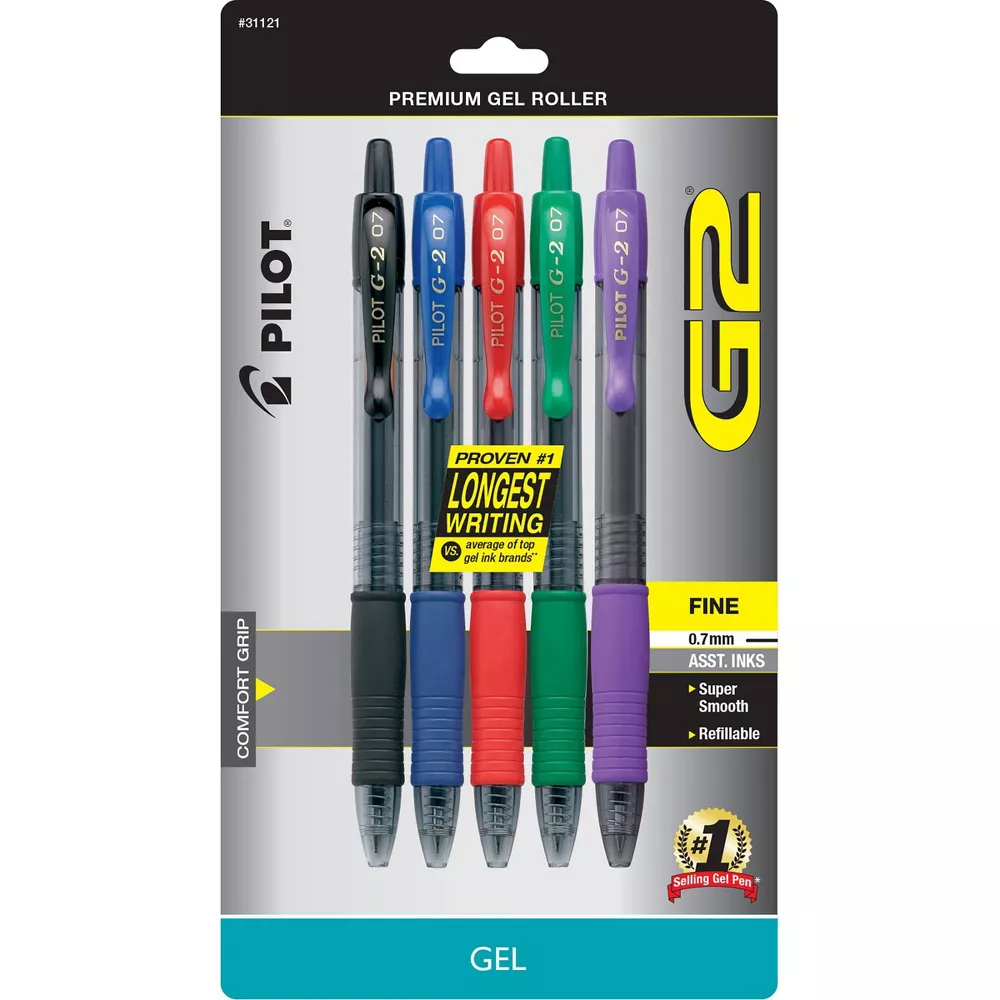 Pilot 5ct G2 Premium Retractable Gel Pens Fine Point 0.7mm Assorted Inks