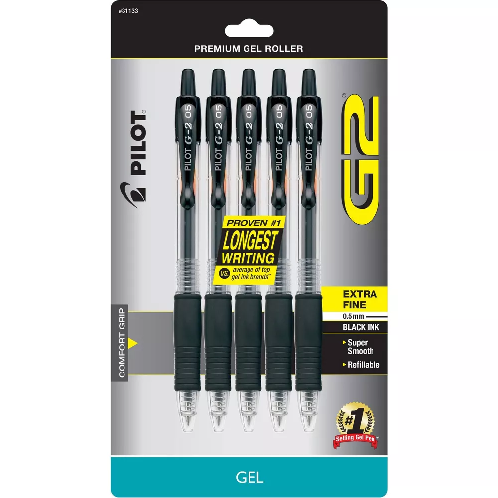 Pilot 5ct G2 Premium Retractable Gel Pens Fine Point 0.7mm Black