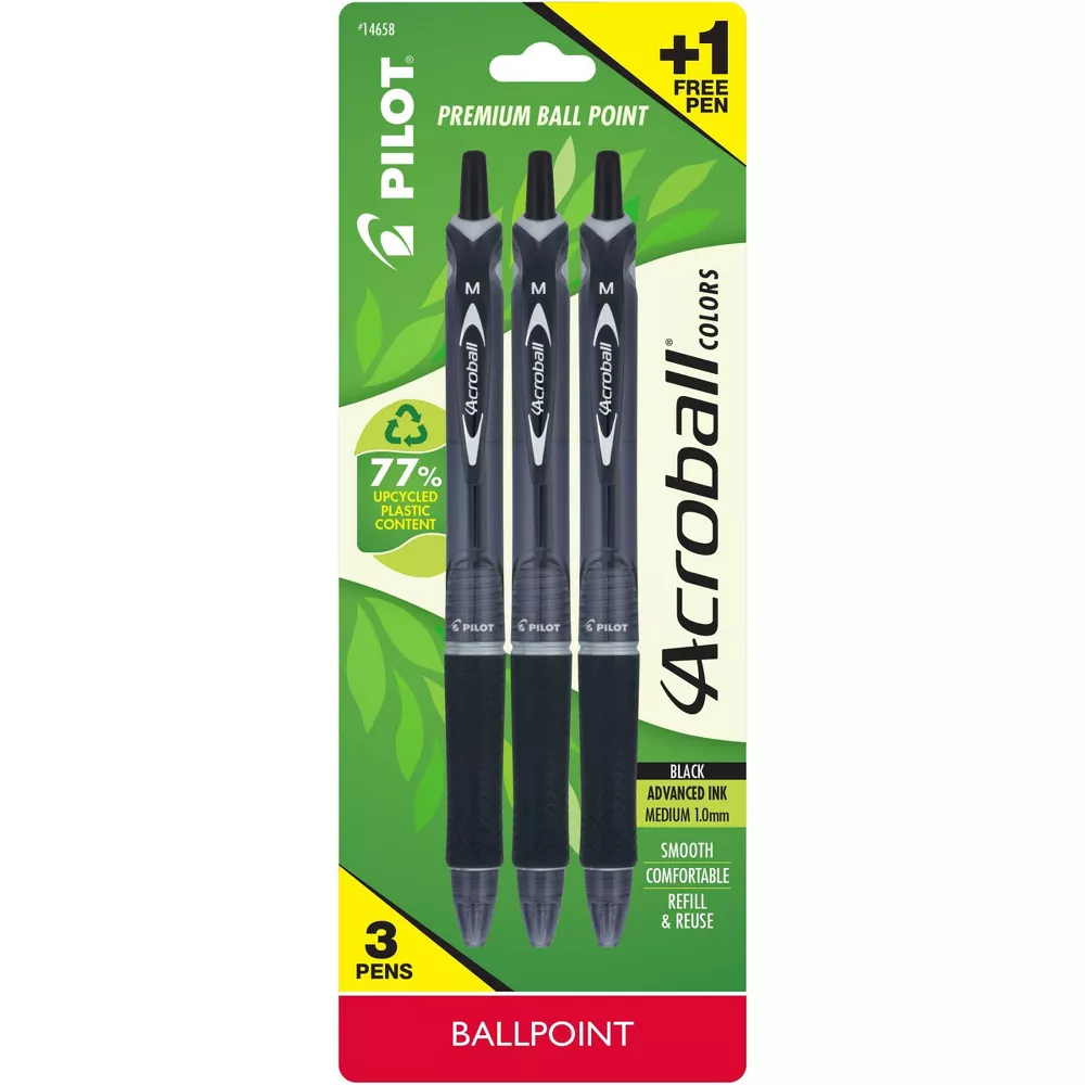 Pilot 3ct Acroball Colors Ballpoint Pens Medium Point 1.0mm Black Ink