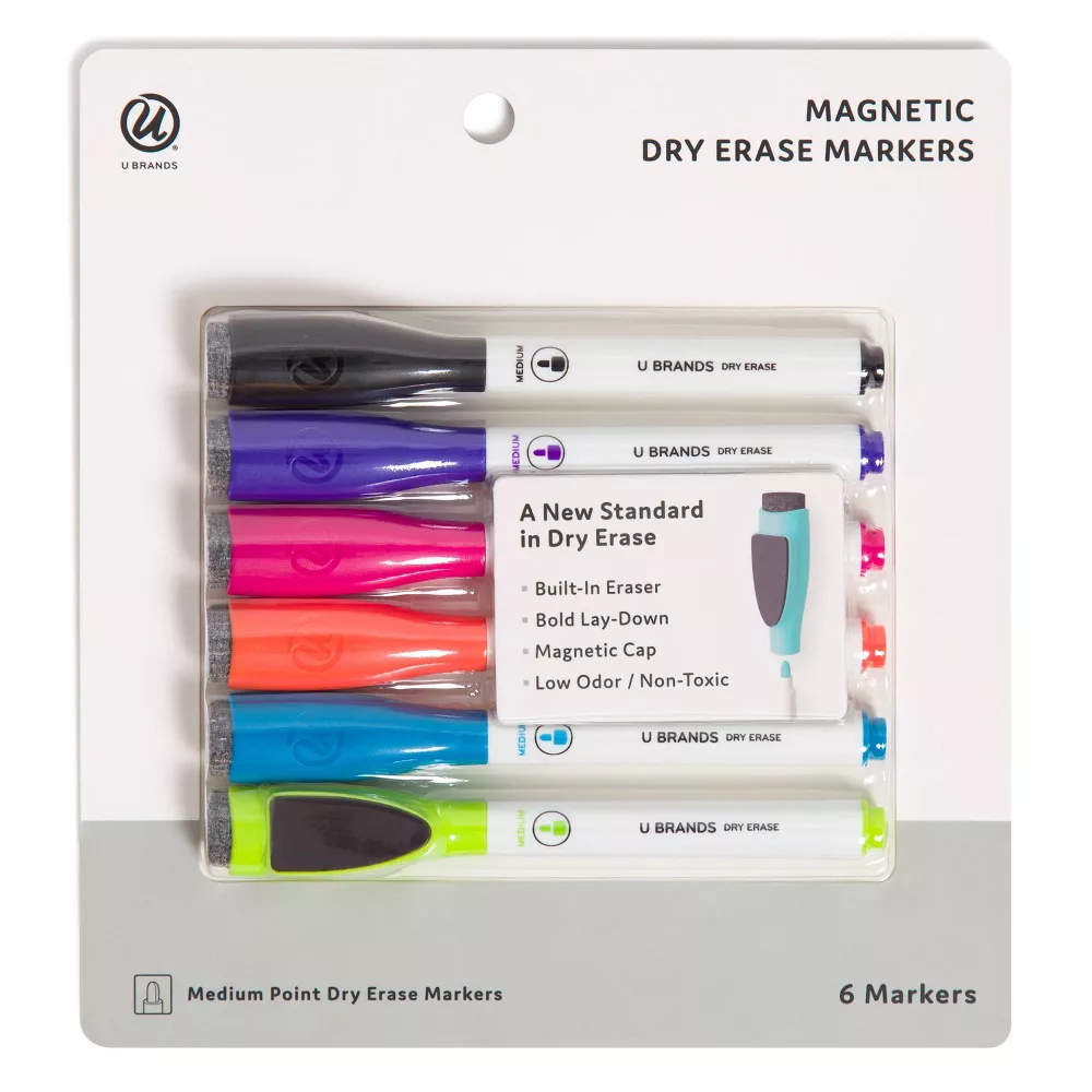 U Brands 6ct Magnetic Dry Erase Markers with Eraser Cap