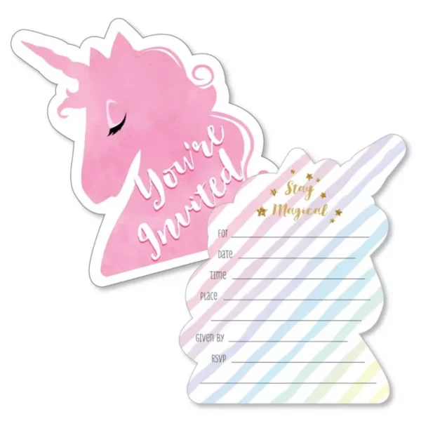 Big Dot of Happiness Rainbow Unicorn – Shaped Fill-in Invites – Magical Unicorn Baby Shower or Birthday Party Invite Cards with Envelopes – Set of 12