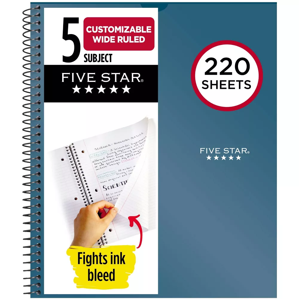 Five Star Customizable - 5 Subject - Wide Ruled - Spiral Notebook - Assorted Notebook