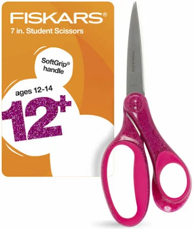 Fiskars Student Scissors, 7", Pointed, School Supplies for Kids 12+, Pink Glitter