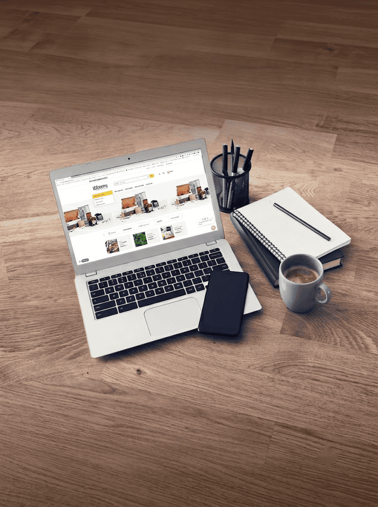 A laptop showing the Crown Office Supplies store on a wooden desk, with a pen cup, notebook and coffee